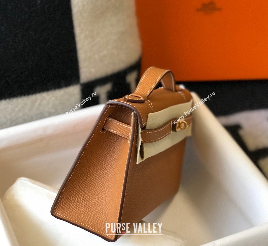 Hermes Mini Kelly Pochette Bag 22cm in Epsom Leather Golden Brown 2024 (Half Handmade) (FL-240117125)