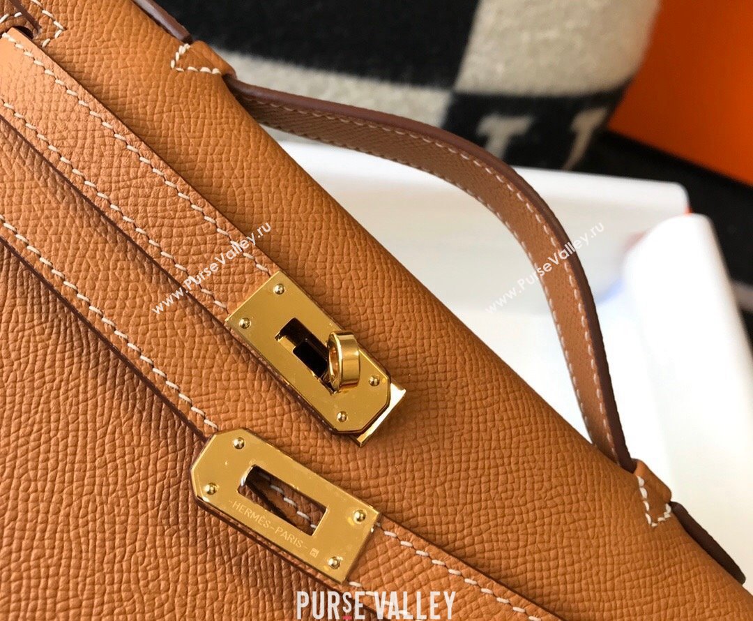 Hermes Mini Kelly Pochette Bag 22cm in Epsom Leather Golden Brown 2024 (Half Handmade) (FL-240117125)