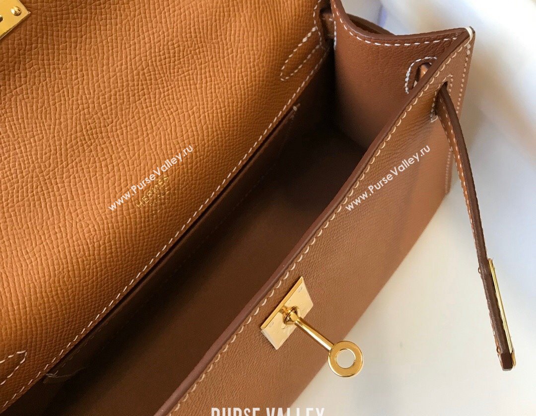 Hermes Mini Kelly Pochette Bag 22cm in Epsom Leather Golden Brown 2024 (Half Handmade) (FL-240117125)