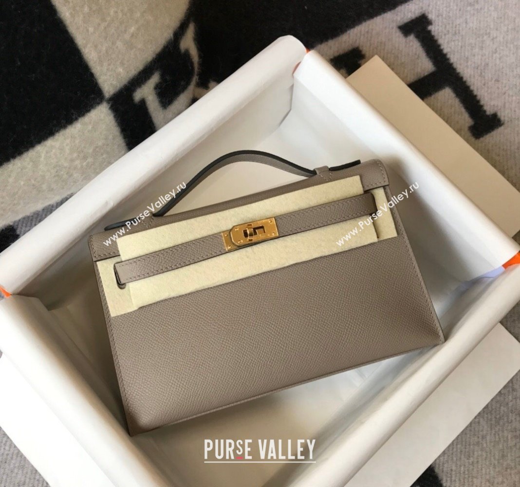 Hermes Mini Kelly Pochette Bag 22cm in Epsom Leather Litch Grey 2024 (Half Handmade) (FL-240117127)