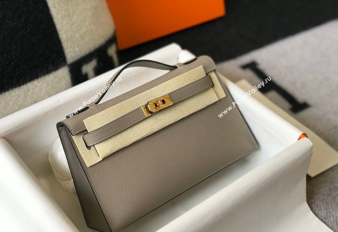 Hermes Mini Kelly Pochette Bag 22cm in Epsom Leather Litch Grey 2024 (Half Handmade) (FL-240117127)