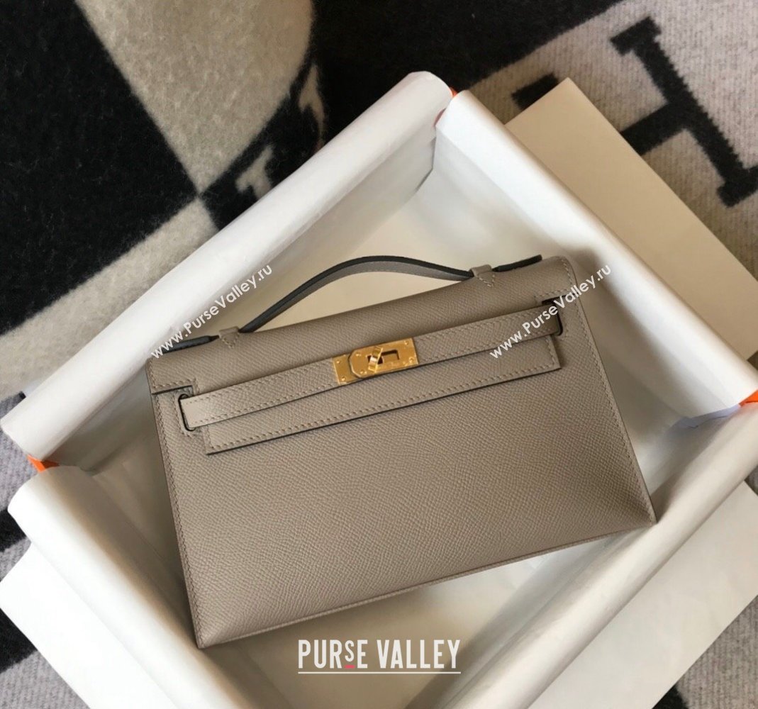 Hermes Mini Kelly Pochette Bag 22cm in Epsom Leather Litch Grey 2024 (Half Handmade) (FL-240117127)