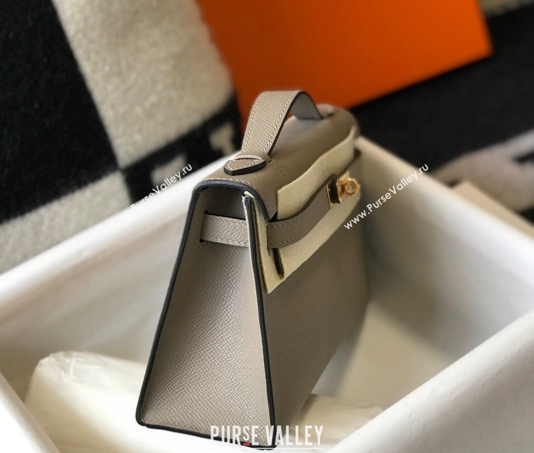 Hermes Mini Kelly Pochette Bag 22cm in Epsom Leather Litch Grey 2024 (Half Handmade) (FL-240117127)