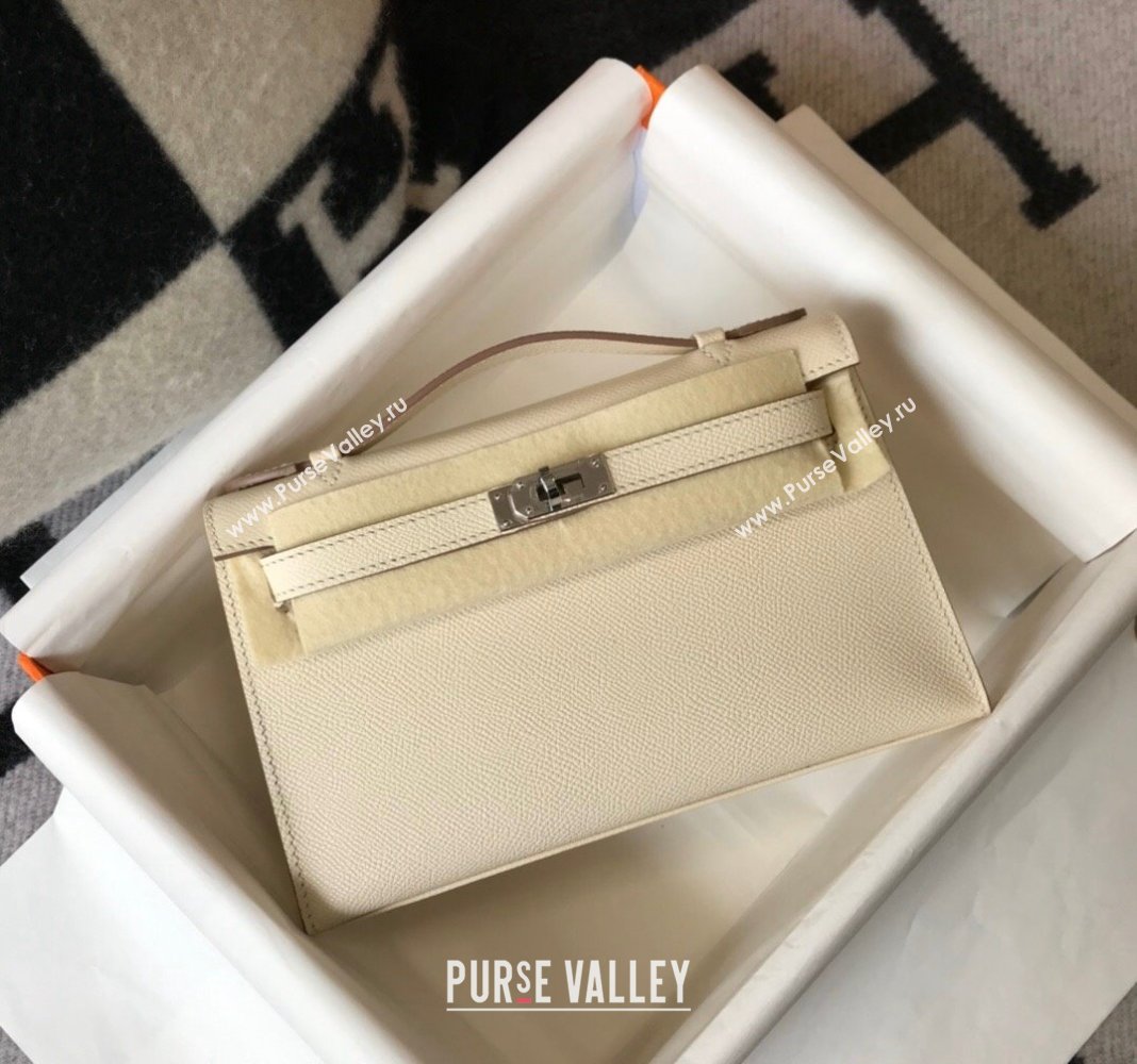 Hermes Mini Kelly Pochette Bag 22cm in Epsom Leather Cream White/Silver 2024 (Half Handmade) (FL-240117128)