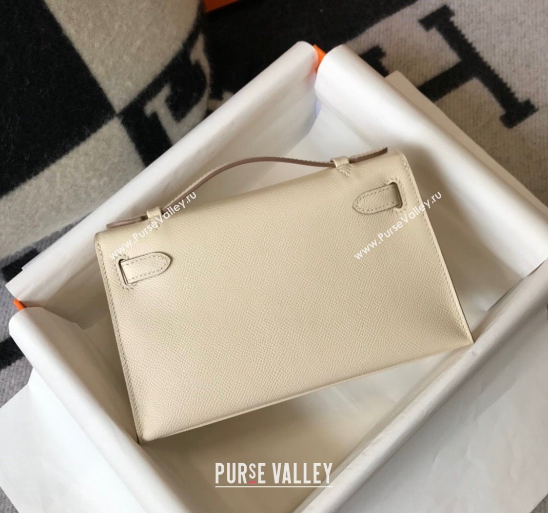 Hermes Mini Kelly Pochette Bag 22cm in Epsom Leather Cream White/Silver 2024 (Half Handmade) (FL-240117128)