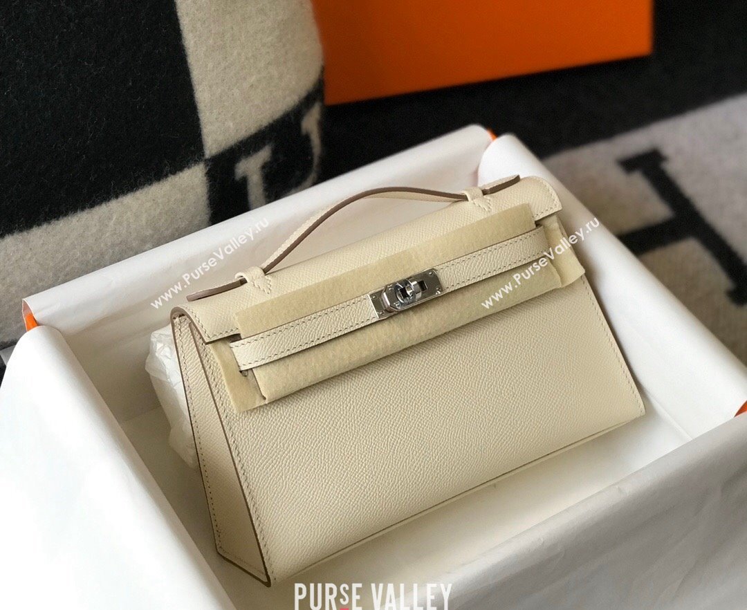 Hermes Mini Kelly Pochette Bag 22cm in Epsom Leather Cream White/Silver 2024 (Half Handmade) (FL-240117128)