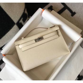 Hermes Mini Kelly Pochette Bag 22cm in Epsom Leather Cream White/Silver 2024 (Half Handmade) (FL-240117128)