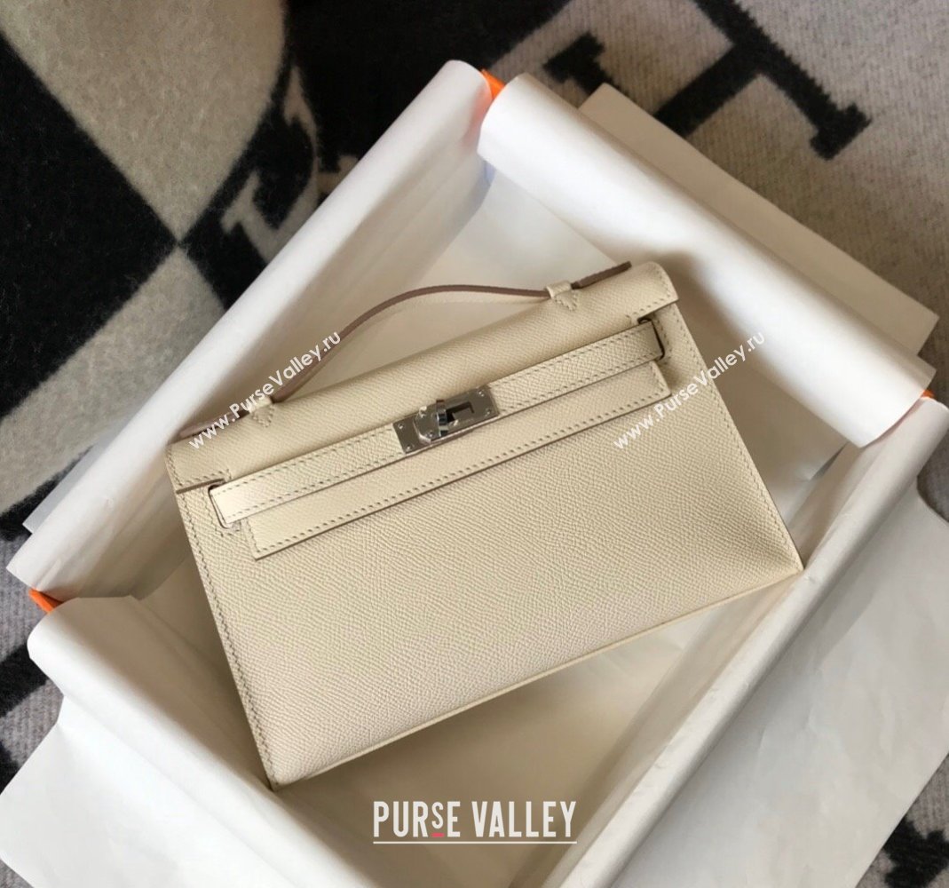 Hermes Mini Kelly Pochette Bag 22cm in Epsom Leather Cream White/Silver 2024 (Half Handmade) (FL-240117128)