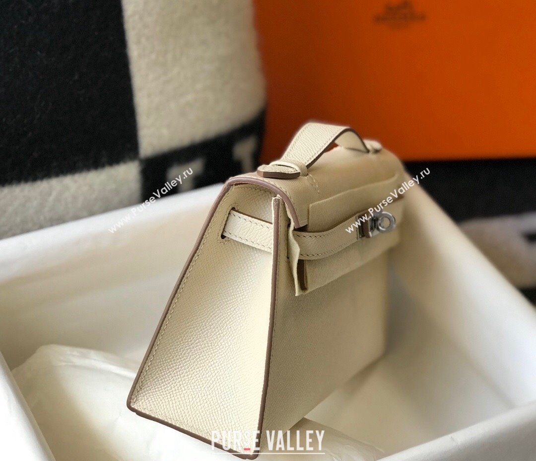 Hermes Mini Kelly Pochette Bag 22cm in Epsom Leather Cream White/Silver 2024 (Half Handmade) (FL-240117128)