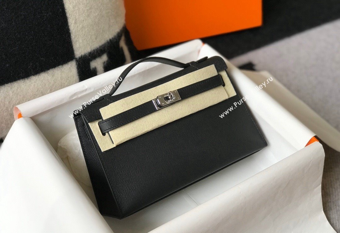 Hermes Mini Kelly Pochette Bag 22cm in Epsom Leather Black/Silver 2024 (Half Handmade) (FL-240117130)