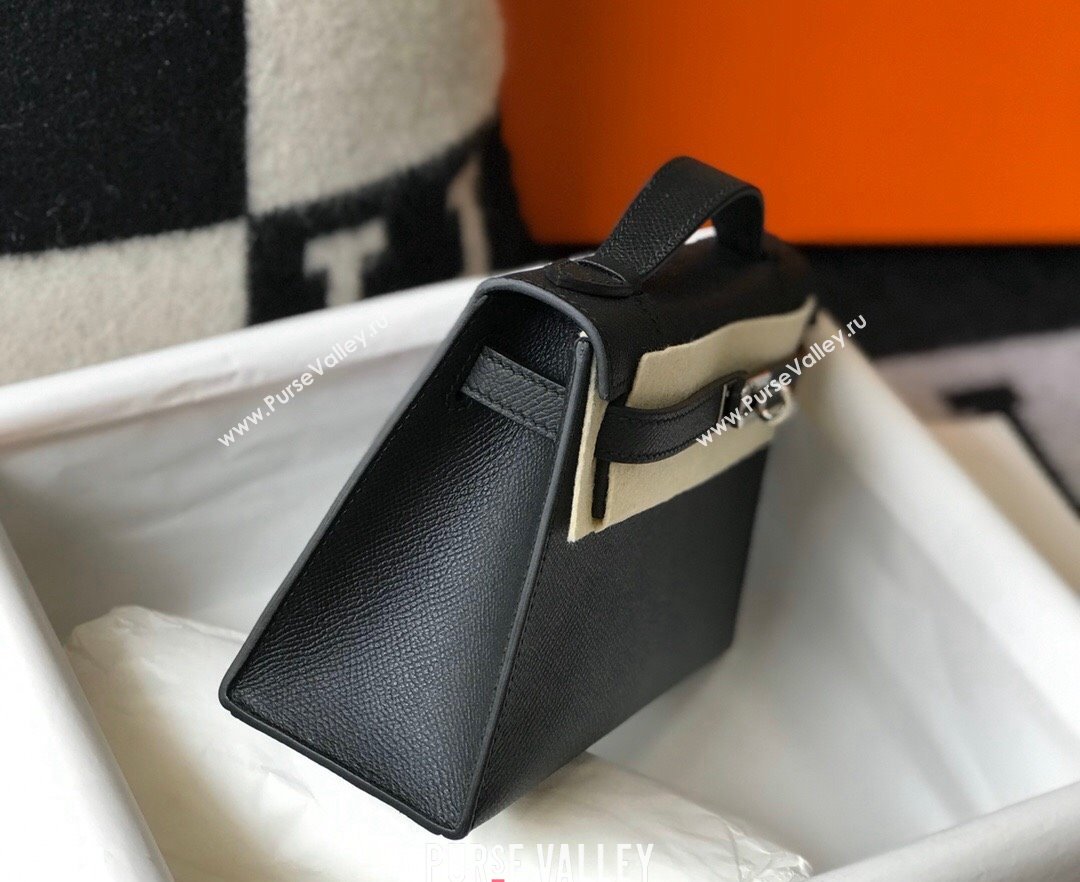 Hermes Mini Kelly Pochette Bag 22cm in Epsom Leather Black/Silver 2024 (Half Handmade) (FL-240117130)