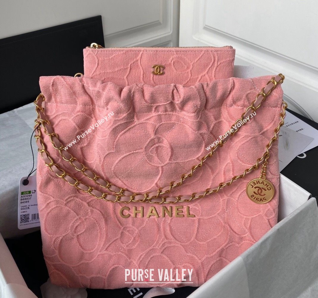 Chanel 22 Small Shopping Bag AS3260 in Camellia Velvet Light Pink 2023 (yezi-240116039)