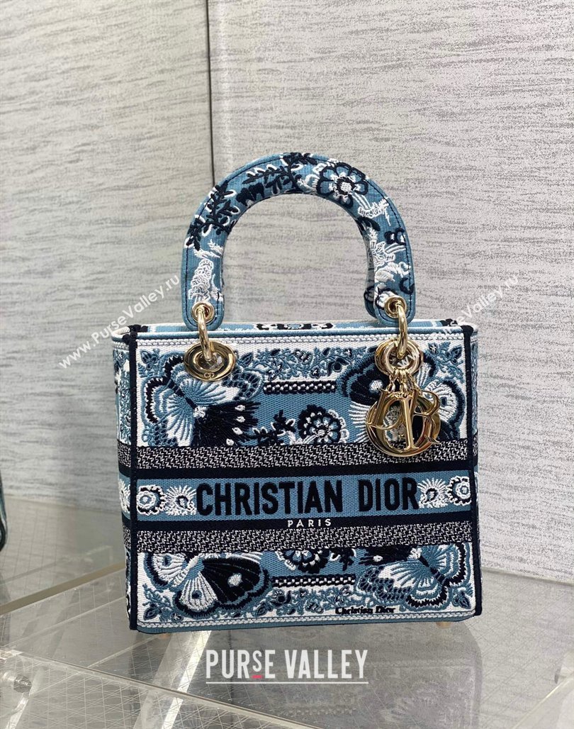 Dior Medium Lady D-Lite Bag in Denim Blue Butterfly Bandana Embroidery 2024 (XXG-240118060)