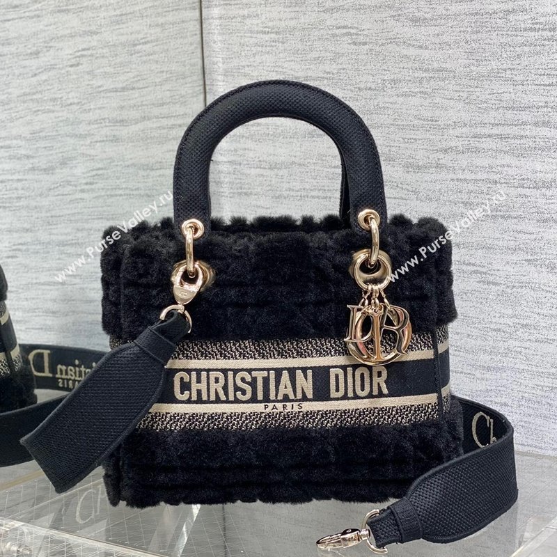 Dior Medium Lady D-Lite Bag in Cannage Shearling Black 2024 0118 (XXG-240118062)