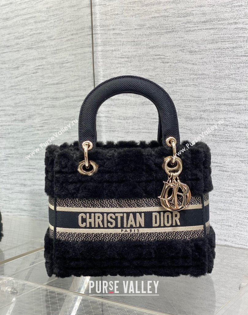 Dior Medium Lady D-Lite Bag in Cannage Shearling Black 2024 0118 (XXG-240118062)