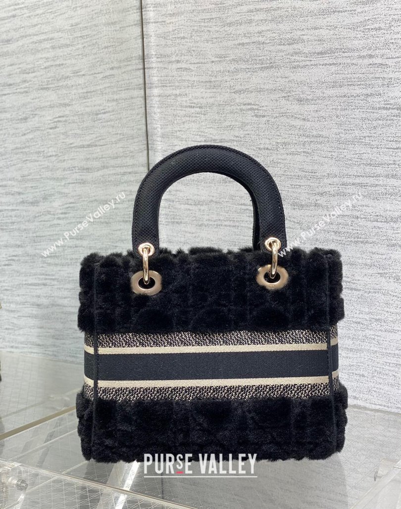 Dior Medium Lady D-Lite Bag in Cannage Shearling Black 2024 0118 (XXG-240118062)