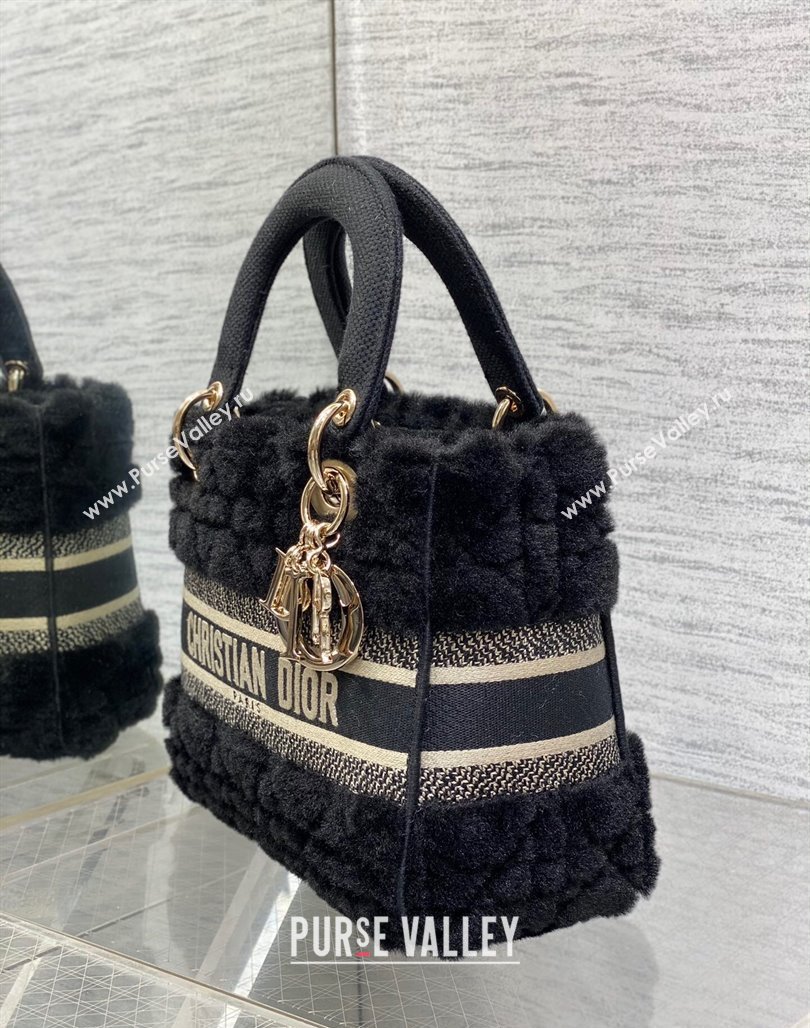 Dior Medium Lady D-Lite Bag in Cannage Shearling Black 2024 0118 (XXG-240118062)