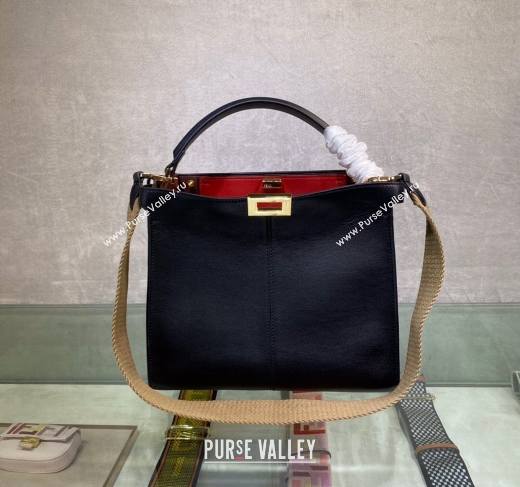 Fendi Peekaboo Small Tote Bag in Calfskin with Strap Black/Red 2024 (AF-240118083)