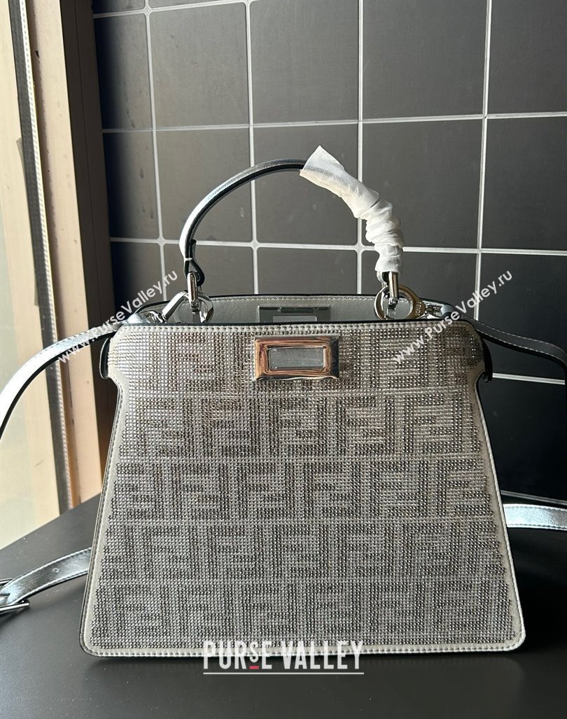 Fendi Peekaboo ISeeU Small Bag in Silver leather with crystal FF motif 2024 (AF-240118073)