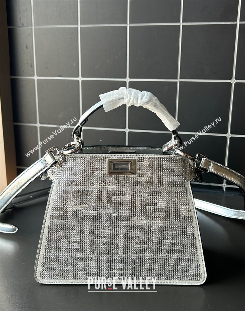 Fendi Peekaboo ISeeU Petite Bag in Silver leather with crystal FF motif 2024 (AF-240118074)