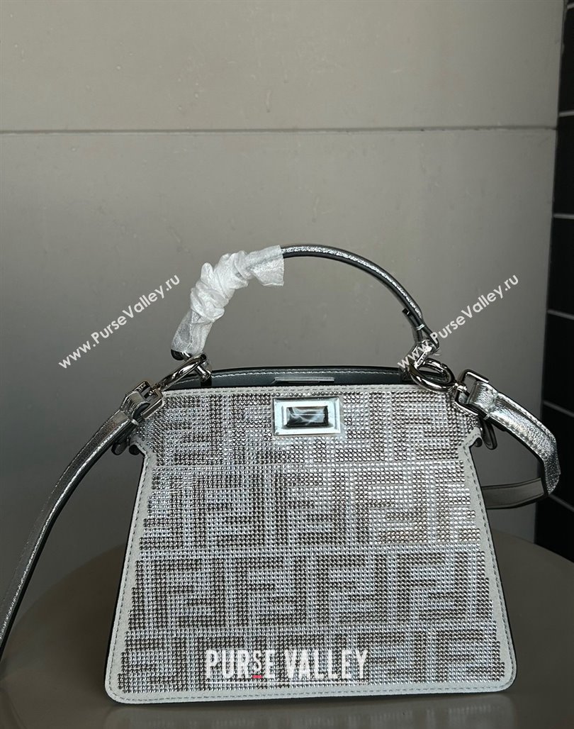 Fendi Peekaboo ISeeU Petite Bag in Silver leather with crystal FF motif 2024 (AF-240118074)