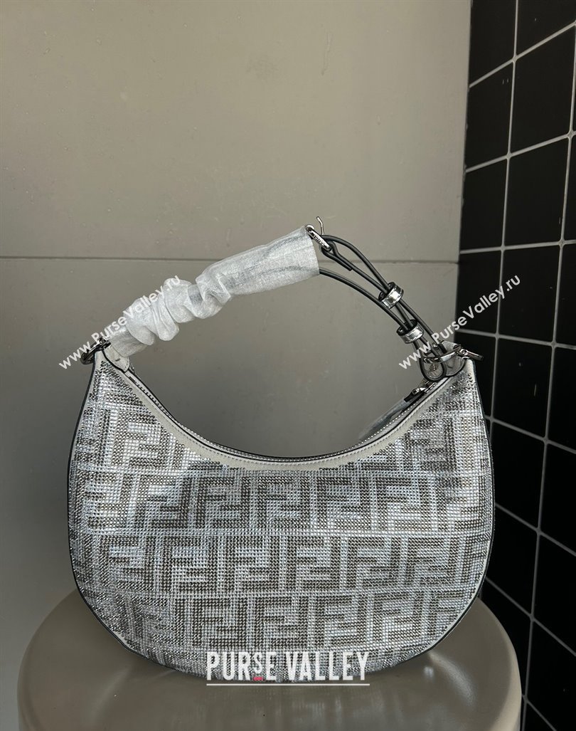 Fendi Fendigraphy Small Hobo Bag in Silver leather with crystal FF motif 2024 (AF-240118075)