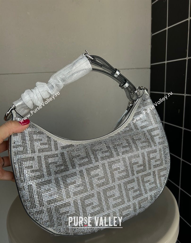 Fendi Fendigraphy Small Hobo Bag in Silver leather with crystal FF motif 2024 (AF-240118075)