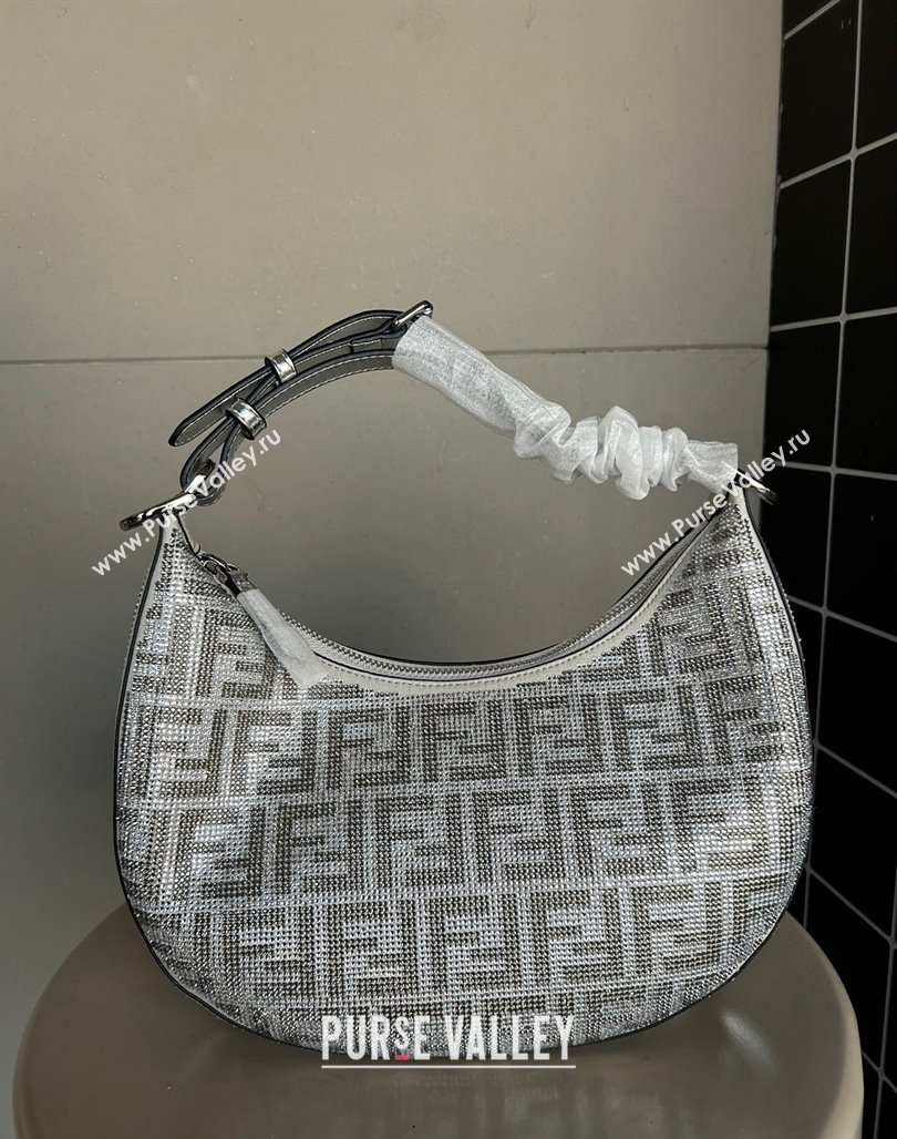 Fendi Fendigraphy Small Hobo Bag in Silver leather with crystal FF motif 2024 (AF-240118075)