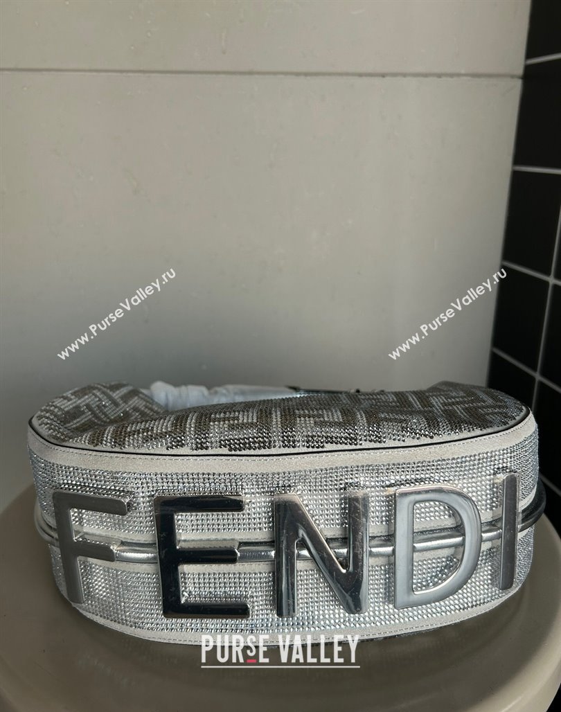 Fendi Fendigraphy Small Hobo Bag in Silver leather with crystal FF motif 2024 (AF-240118075)