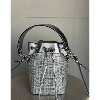 Fendi Mon Tresor Mini Bucket Bag in Silver leather with crystal FF motif 2024 (AF-240118070)