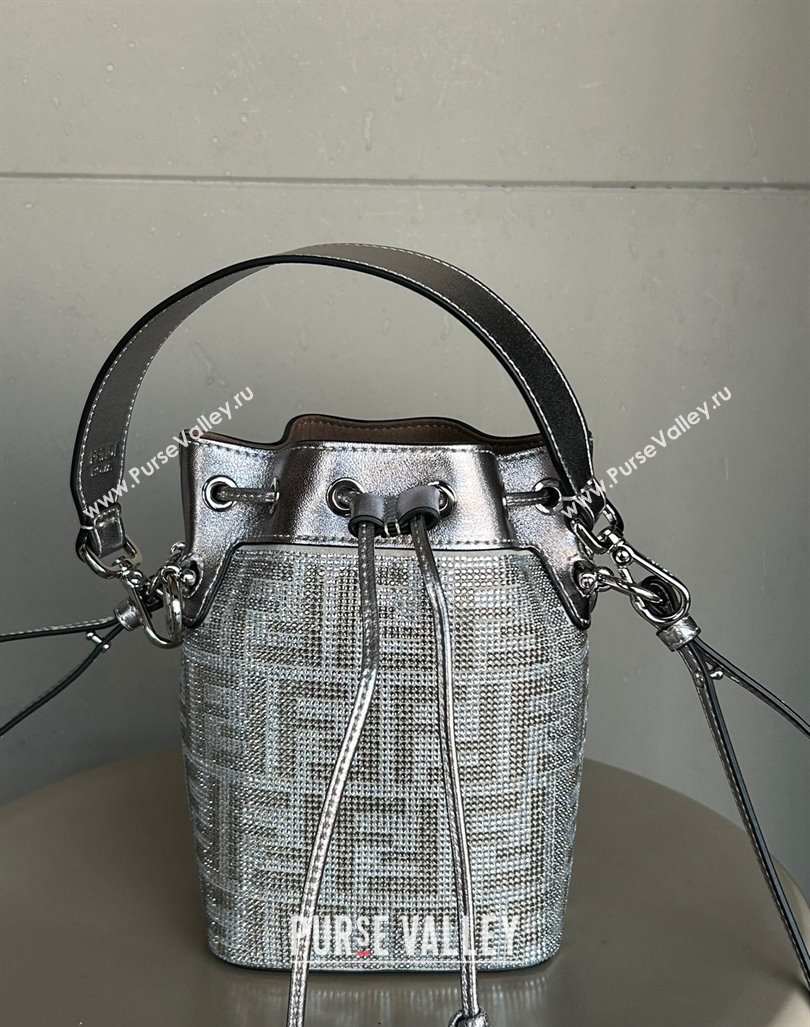 Fendi Mon Tresor Mini Bucket Bag in Silver leather with crystal FF motif 2024 (AF-240118070)