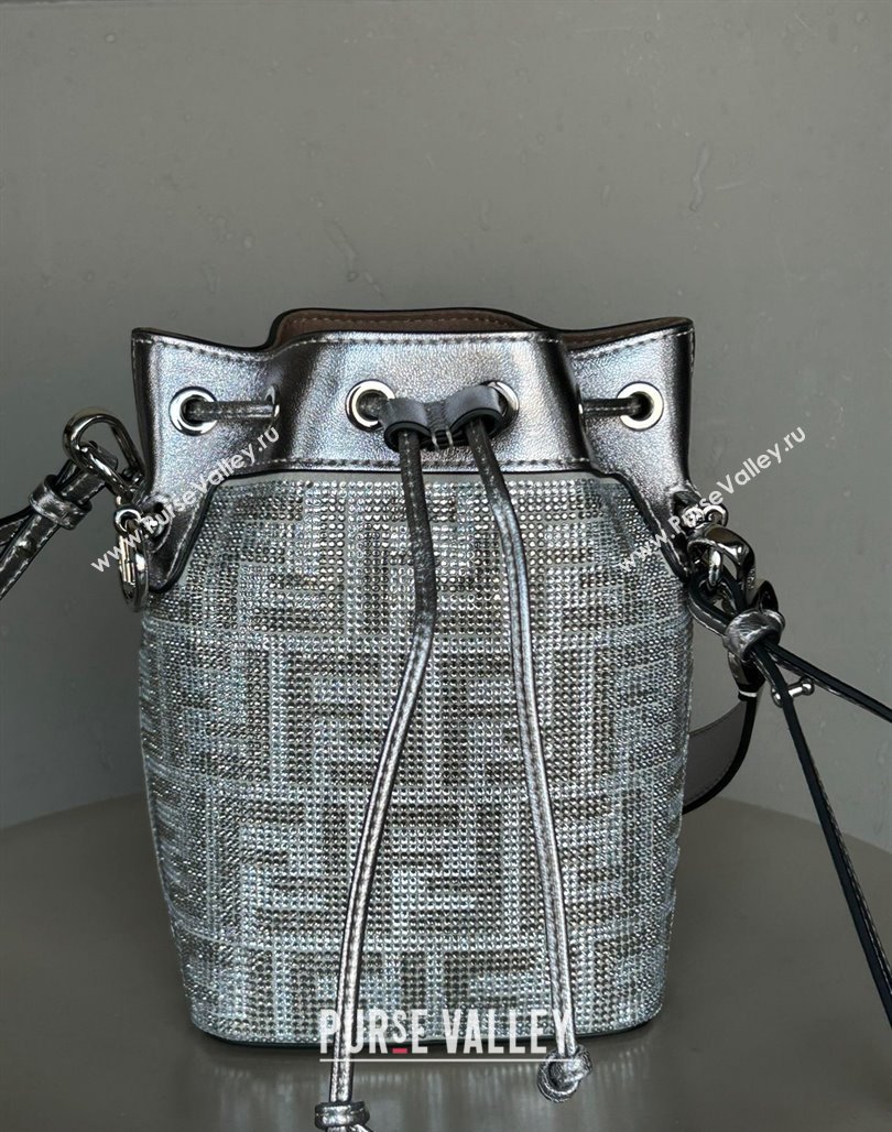 Fendi Mon Tresor Mini Bucket Bag in Silver leather with crystal FF motif 2024 (AF-240118070)