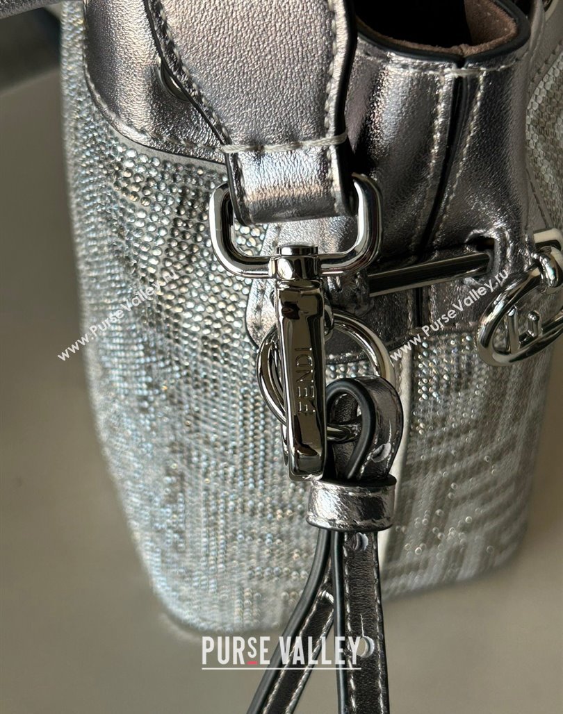 Fendi Mon Tresor Mini Bucket Bag in Silver leather with crystal FF motif 2024 (AF-240118070)