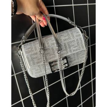 Fendi Baguette Mini Bucket Bag in Silver leather with crystal FF motif 2024 (AF-240118072)