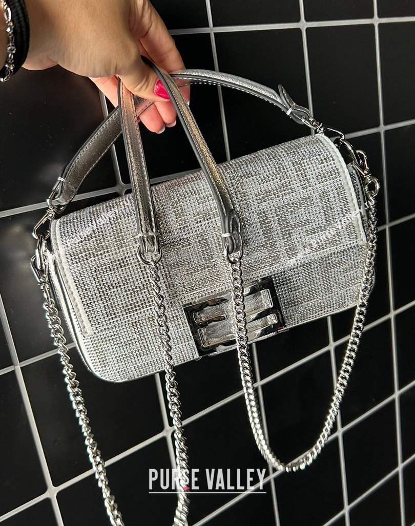 Fendi Baguette Mini Bucket Bag in Silver leather with crystal FF motif 2024 (AF-240118072)