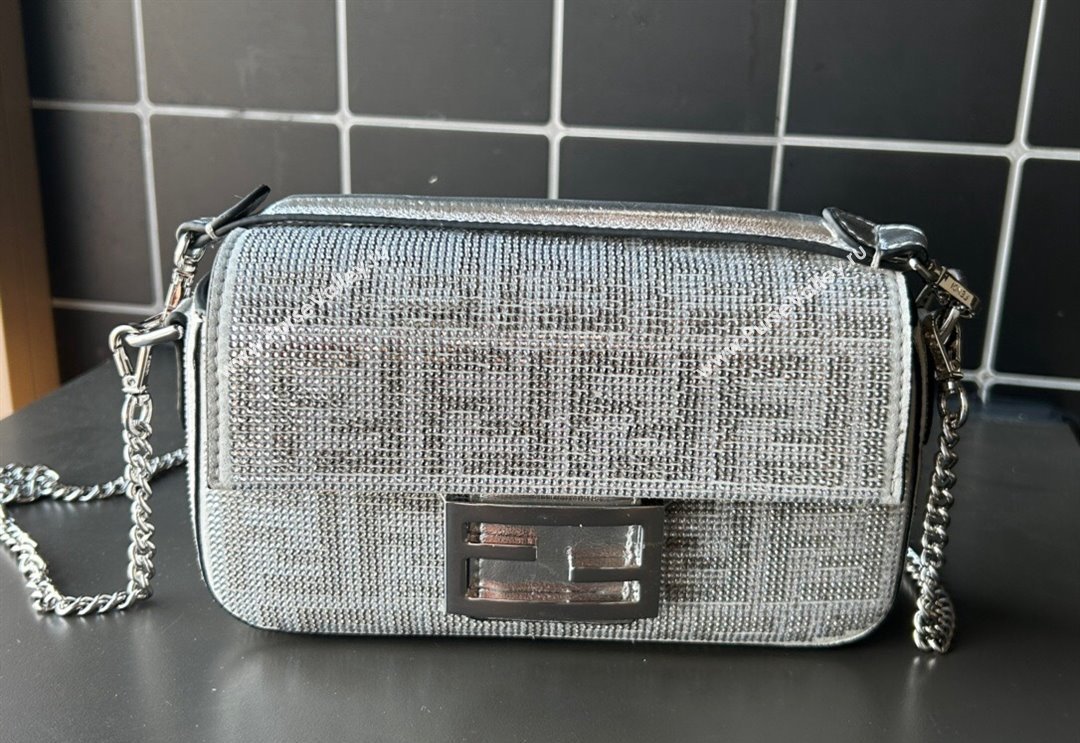 Fendi Baguette Mini Bucket Bag in Silver leather with crystal FF motif 2024 (AF-240118072)