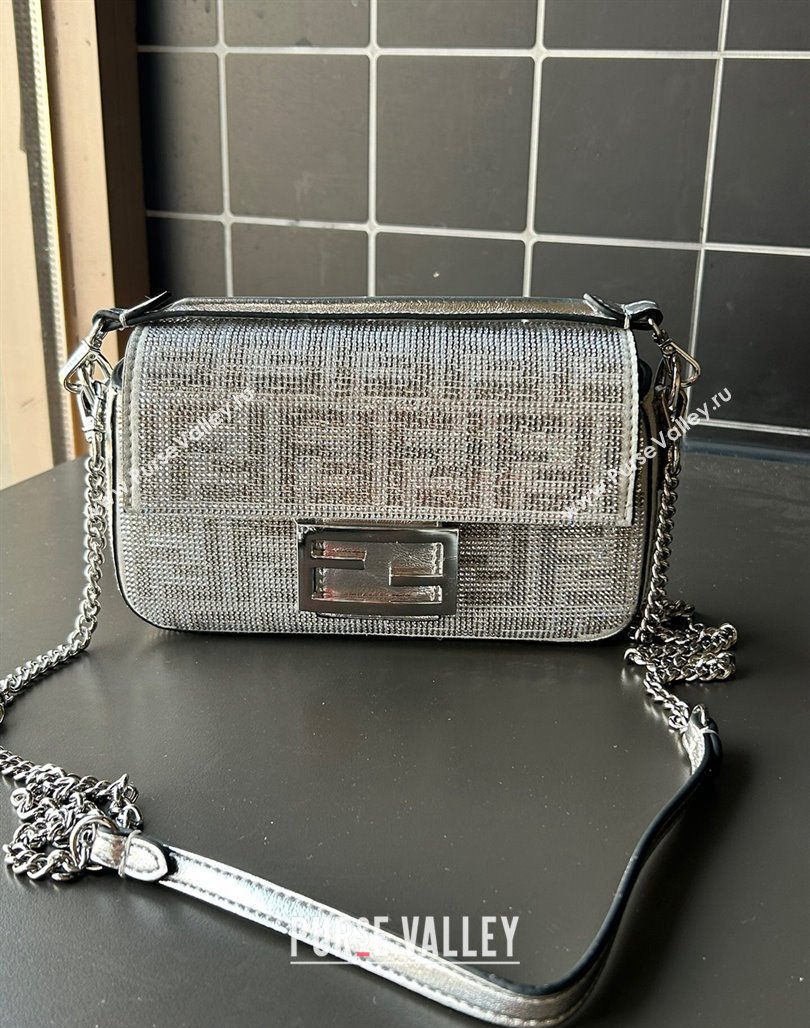 Fendi Baguette Mini Bucket Bag in Silver leather with crystal FF motif 2024 (AF-240118072)