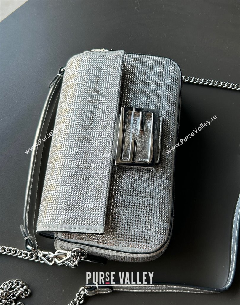 Fendi Baguette Mini Bucket Bag in Silver leather with crystal FF motif 2024 (AF-240118072)