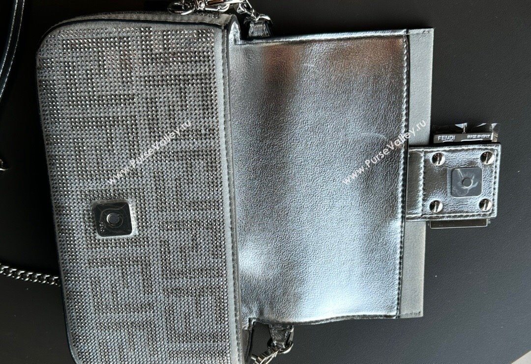 Fendi Baguette Mini Bucket Bag in Silver leather with crystal FF motif 2024 (AF-240118072)