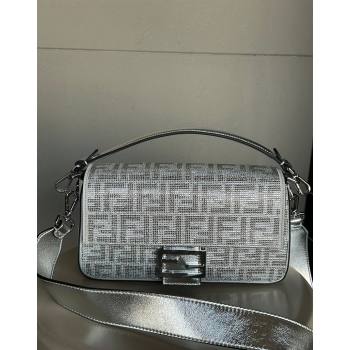 Fendi Baguette Medium Bag in Silver leather with crystal FF motif 2024 (AF-240118071)