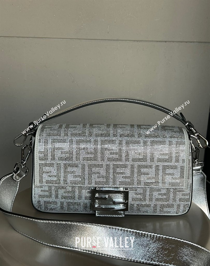 Fendi Baguette Medium Bag in Silver leather with crystal FF motif 2024 (AF-240118071)