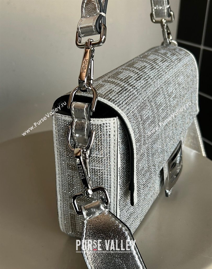 Fendi Baguette Medium Bag in Silver leather with crystal FF motif 2024 (AF-240118071)