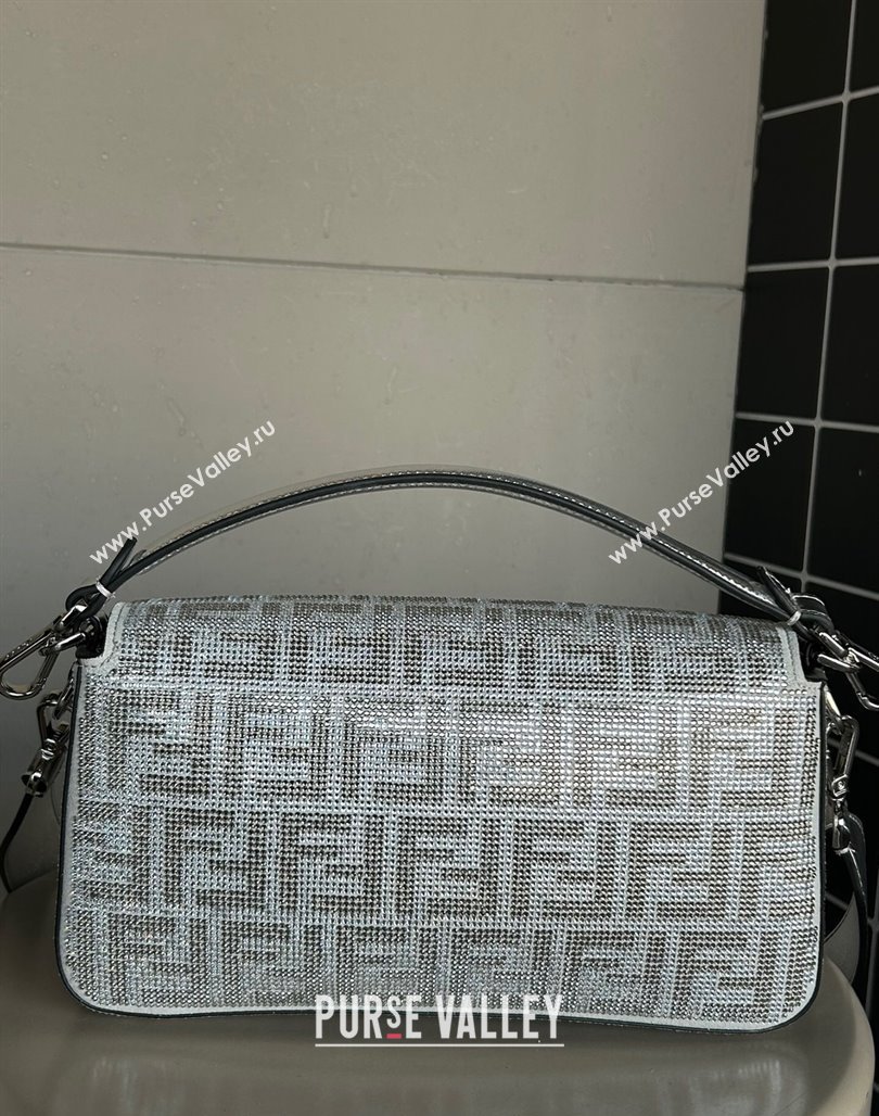 Fendi Baguette Medium Bag in Silver leather with crystal FF motif 2024 (AF-240118071)