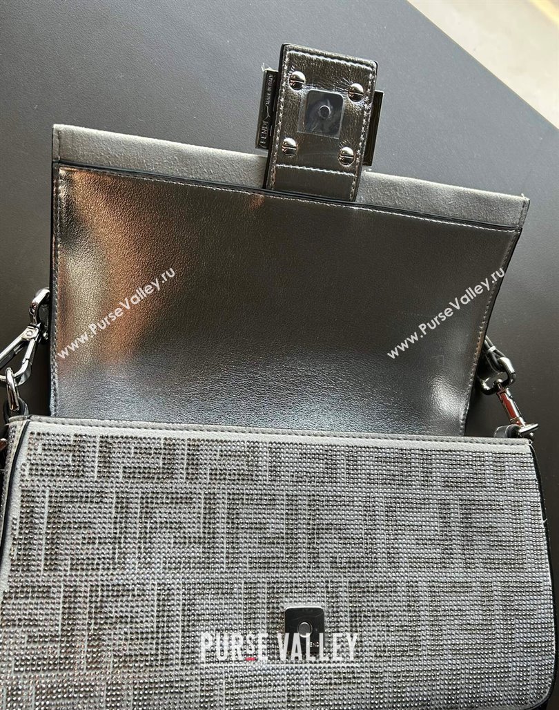 Fendi Baguette Medium Bag in Silver leather with crystal FF motif 2024 (AF-240118071)