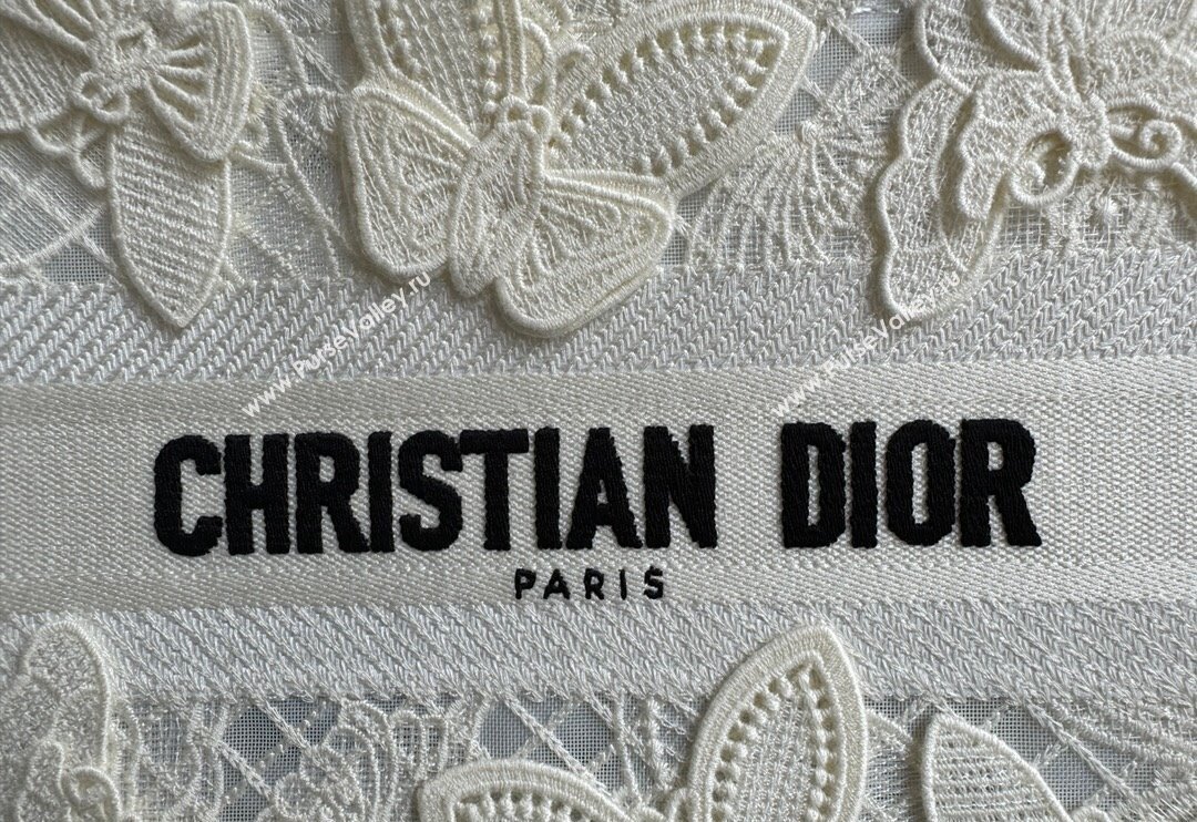 Dior Small Book Tote Bag in Transparent Mesh Embroidered with White 3D Macrame-Effect D-Lace Motif 2024 (BF-240118054)