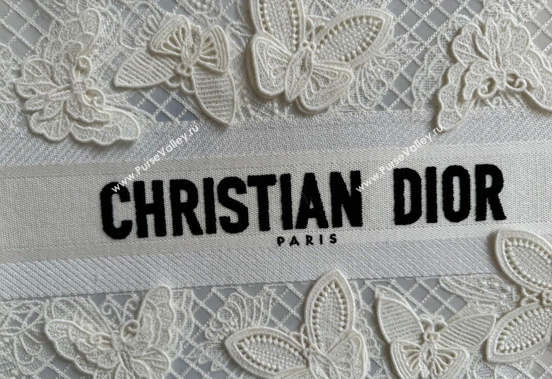 Dior Large Book Tote Bag in Transparent Mesh Embroidered with White 3D Macrame-Effect D-Lace Motif 2024 (XXG-240118056)