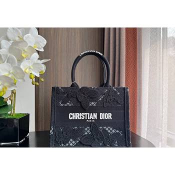 Dior Small Book Tote Bag in Transparent Mesh Embroidered with Black 3D Macrame-Effect D-Lace Motif 2024 (BF-240118057)