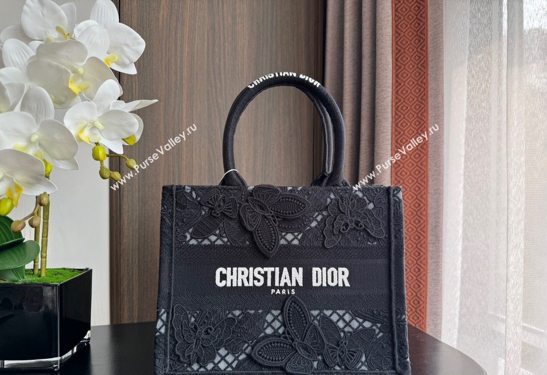 Dior Small Book Tote Bag in Transparent Mesh Embroidered with Black 3D Macrame-Effect D-Lace Motif 2024 (BF-240118057)