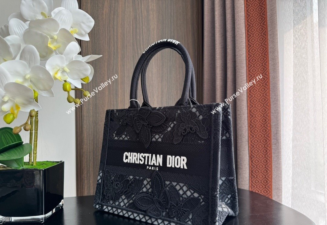 Dior Small Book Tote Bag in Transparent Mesh Embroidered with Black 3D Macrame-Effect D-Lace Motif 2024 (BF-240118057)