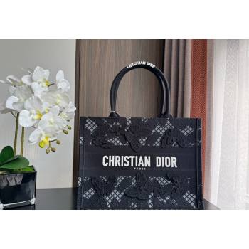 Dior Medium Book Tote Bag in Transparent Mesh Embroidered with Black 3D Macrame-Effect D-Lace Motif 2024 (BF-240118058)